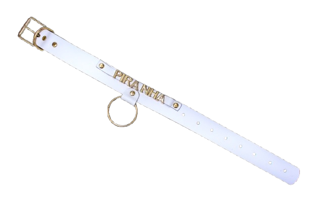 Coleira branca de couro personalizada piranha